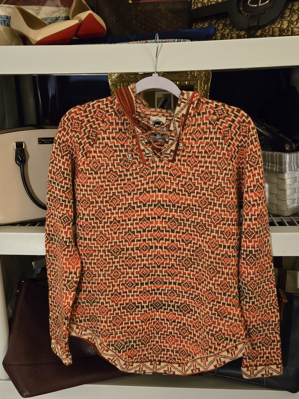 Artesania Women’s Orange Patterned Knit Hooded Sweater with Lace-Up Neck